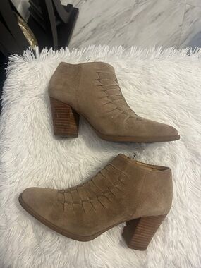 Suede Ankle Booties in Taupe with Stacked Heel